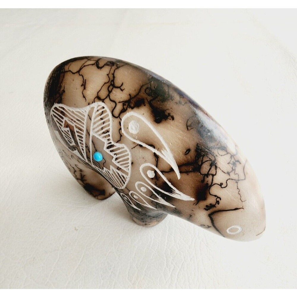 Navajo Indian Bear Figurine Horse Hair Turquoise Bead Pottery by Louis  6"W 4"H